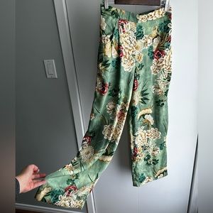 Zara Woman High Waist Wide Leg Pants Green Floral Design
